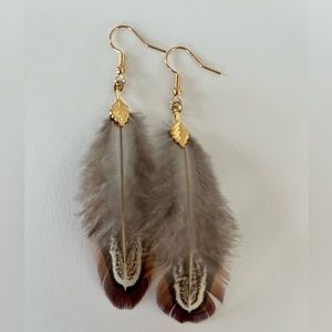 Boho feather earrings - pheasant feathers - gold plated brass - handcrafted